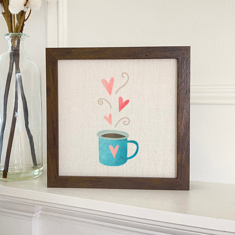 A beautifully framed Valentine's Coffee sign with a linen-look background, available in walnut and white-washed frames.