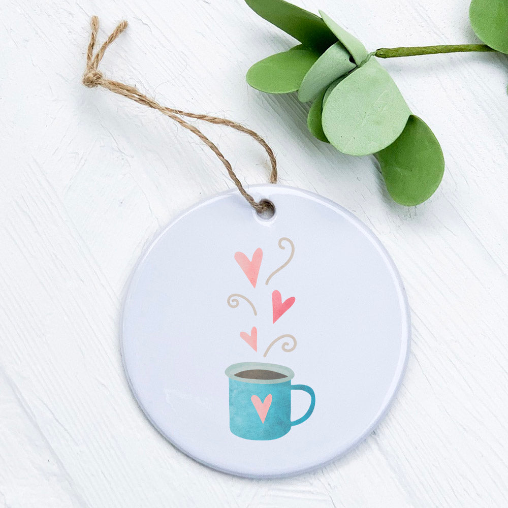 A beautifully crafted Valentine's Coffee ornament made of high-quality porcelain, featuring original designs with a smooth, glossy finish.