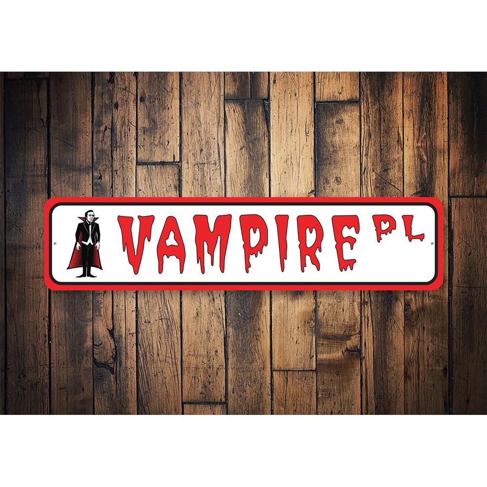 Vampire Street Sign made of high-quality aluminum, featuring a spooky design perfect for home decor.