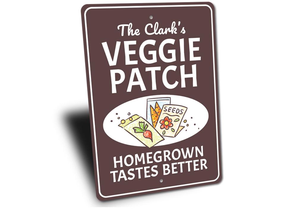 Customizable Veggie Patch Sign made from high-quality aluminum, perfect for gardens.