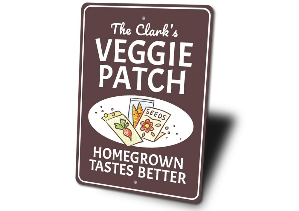 Customizable Veggie Patch Sign made from high-quality aluminum, perfect for gardens.