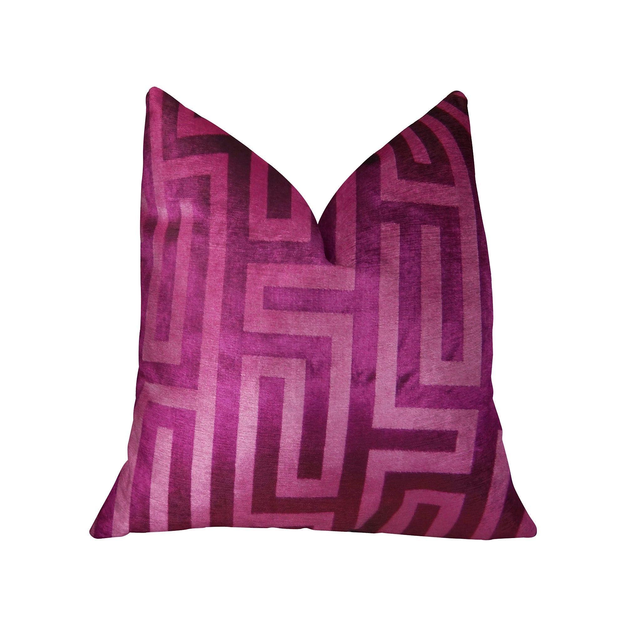 Luxurious fuchsia handmade pillow with geometric pattern and invisible zipper, showcasing vibrant color and soft texture.