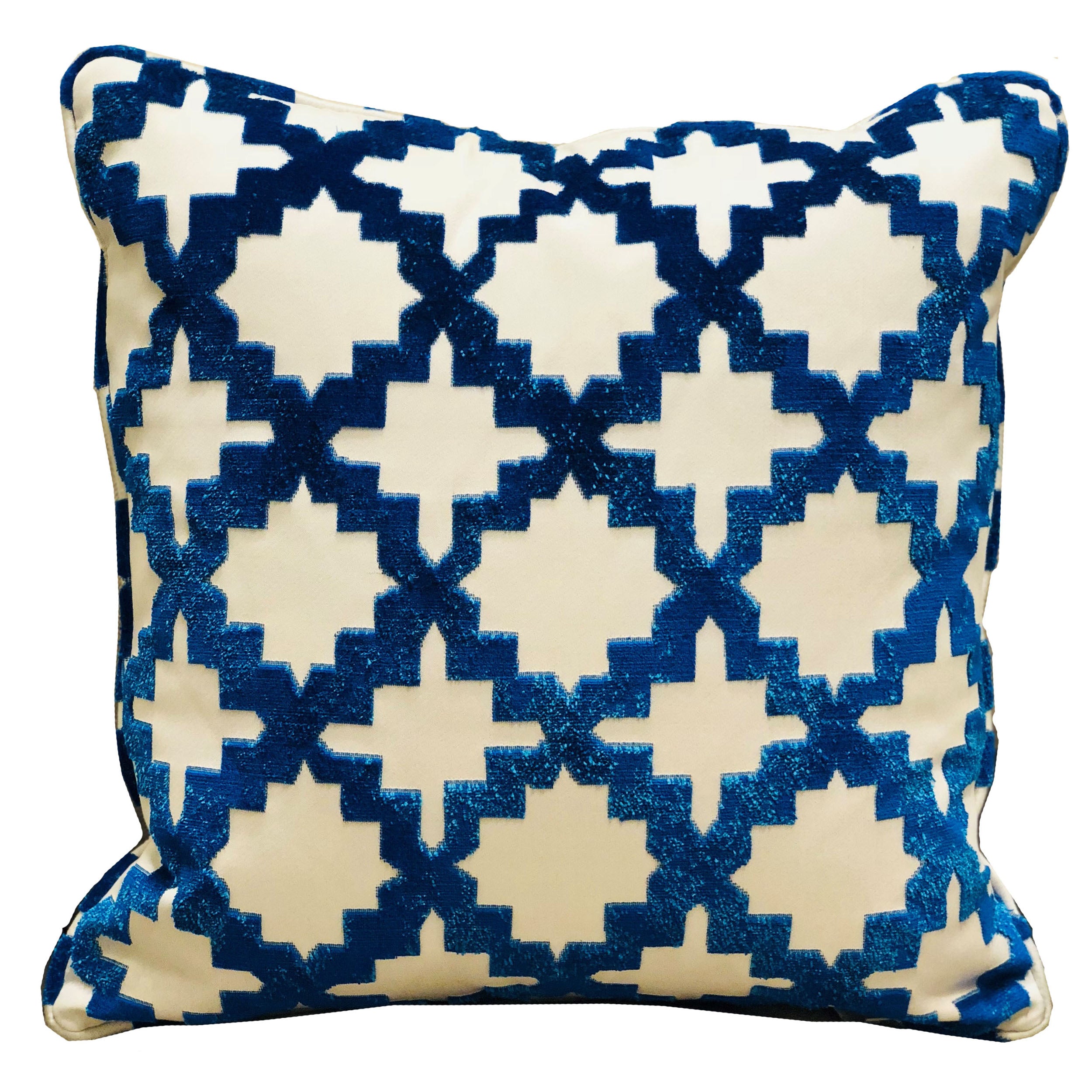 Luxurious blue and off white geometric throw pillow with French medallion design, featuring a soft velvety texture and piping edge.