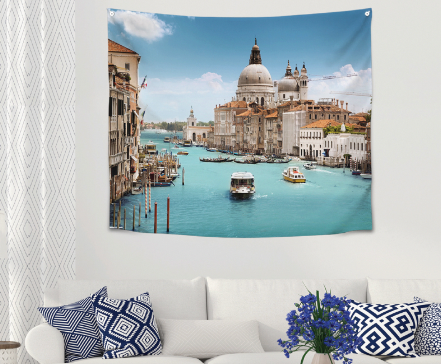 Venice fabric poster measuring 150cm x 130cm with a modern design, showcasing vibrant colors and intricate details.