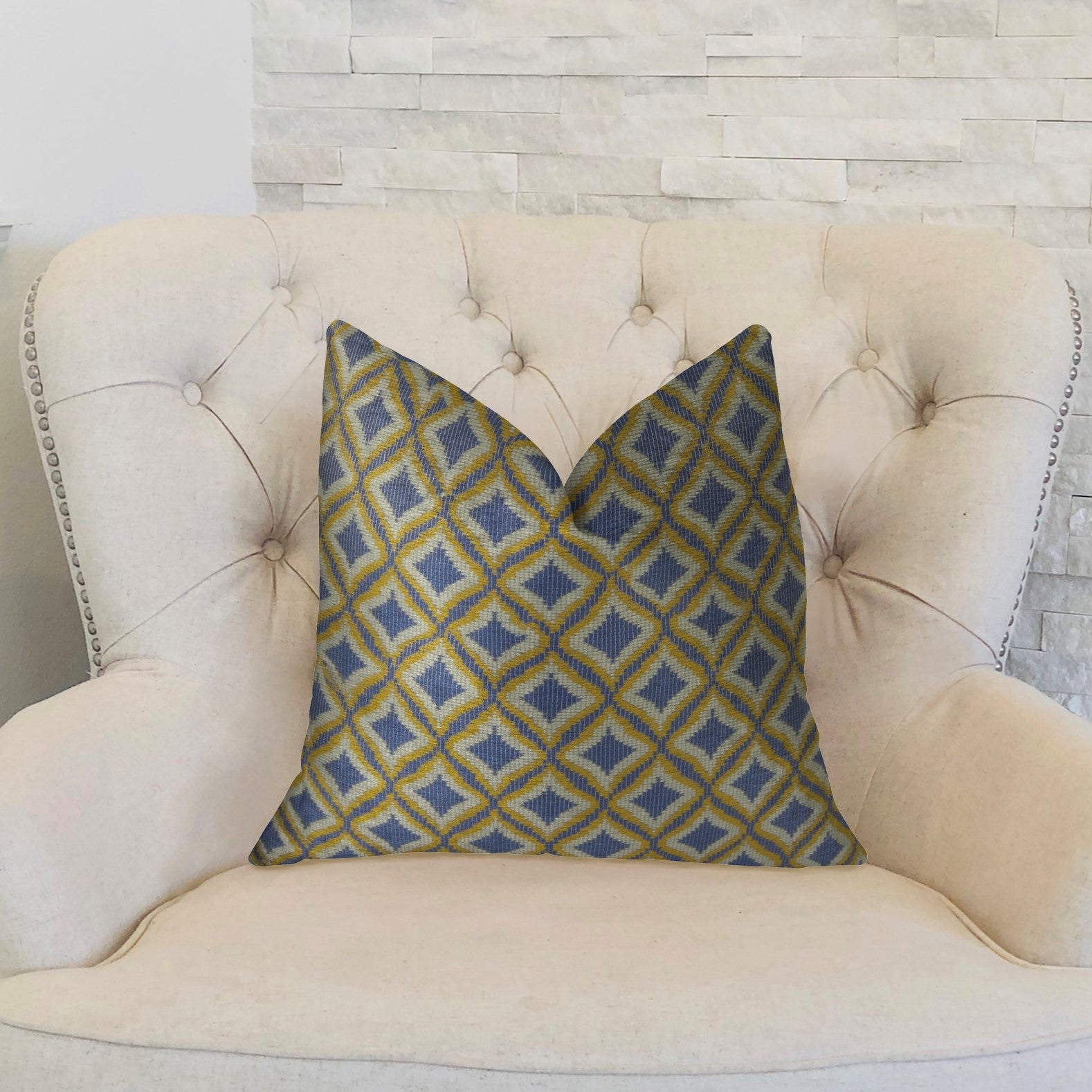 Lavender, white, and yellow handmade luxury pillow with diamond pattern, featuring an invisible zipper and double-sided design.