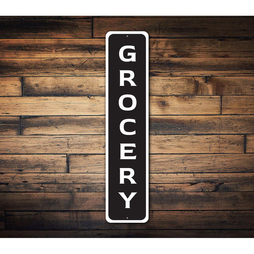 Vertical Grocery Sign made of high-quality aluminum, featuring customizable text and pre-drilled holes for easy mounting, perfect for kitchen decor.