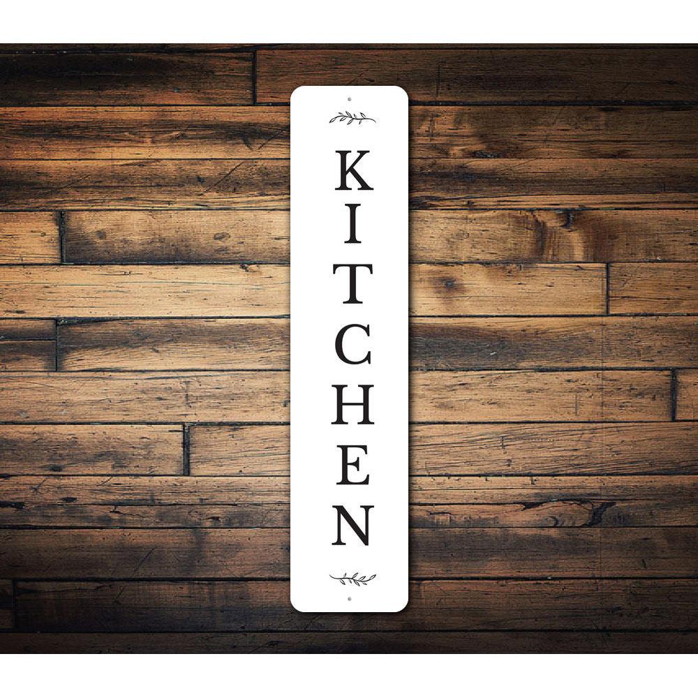 Vertical Kitchen Sign made of high-quality aluminum, featuring customizable text and pre-drilled holes for easy mounting.