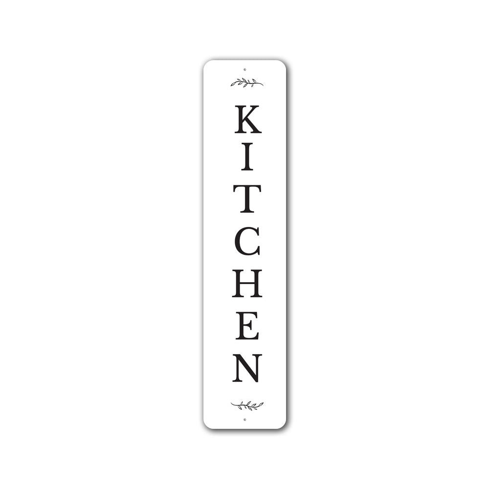 Vertical Kitchen Sign made of high-quality aluminum, featuring customizable text and pre-drilled holes for easy mounting.