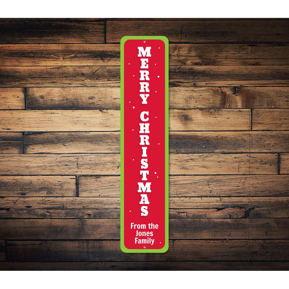 Vertical Merry Christmas sign made of durable aluminum, featuring festive design and customizable text options, perfect for holiday decor.