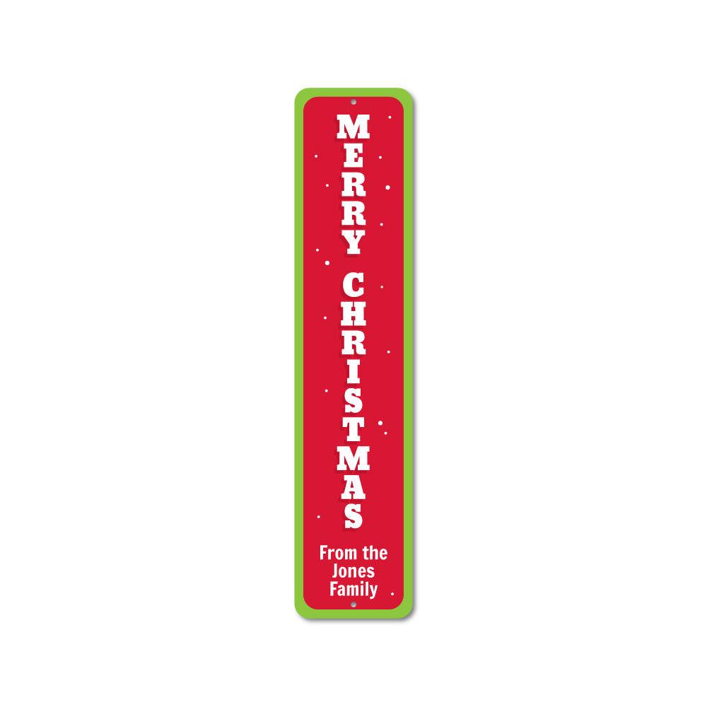 Vertical Merry Christmas sign made of durable aluminum, featuring festive design and customizable text options, perfect for holiday decor.