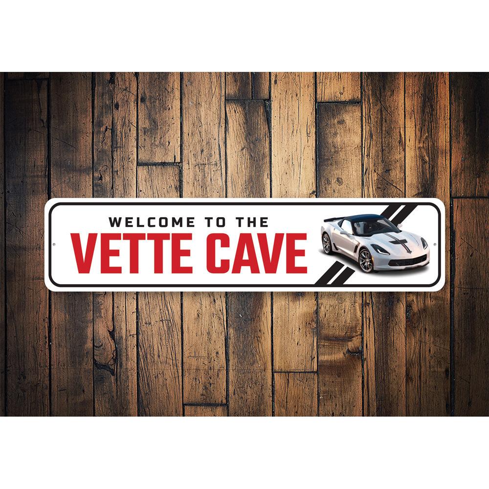 Vette Cave Chevy Corvette Sign made of quality aluminum, featuring a vibrant design perfect for car enthusiasts.