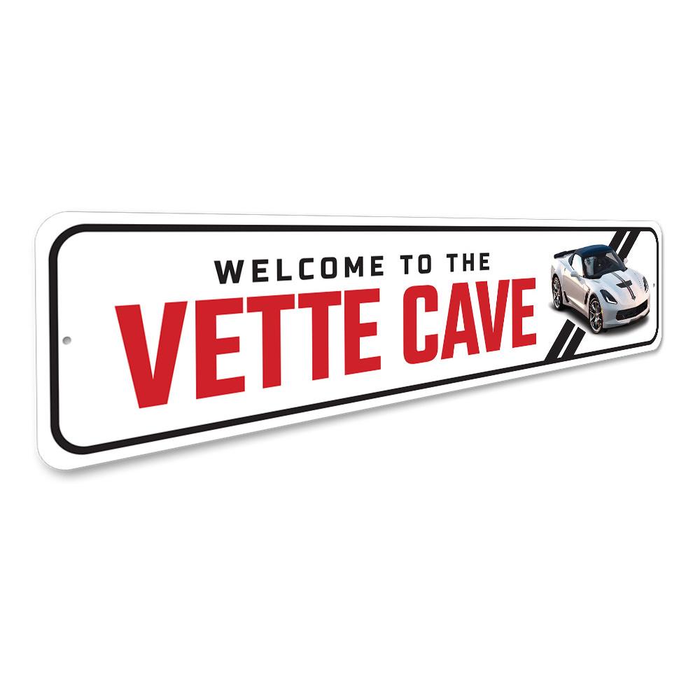 Vette Cave Chevy Corvette Sign made of quality aluminum, featuring a vibrant design perfect for car enthusiasts.