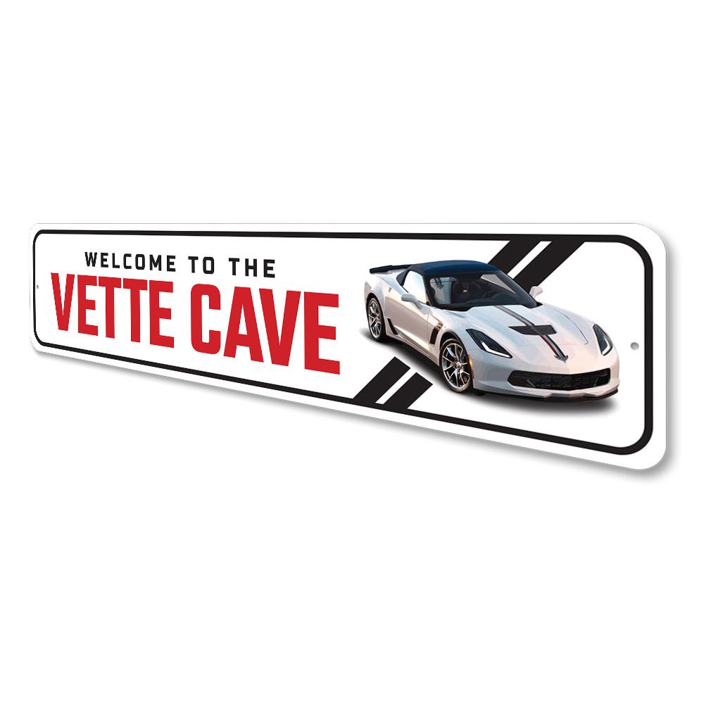 Vette Cave Chevy Corvette Sign made of quality aluminum, featuring a vibrant design perfect for car enthusiasts.