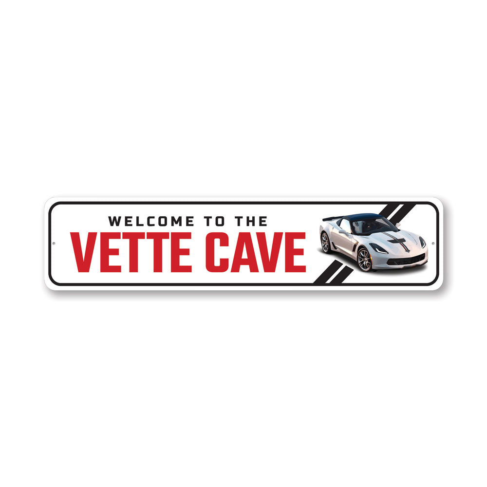 Vette Cave Chevy Corvette Sign made of quality aluminum, featuring a vibrant design perfect for car enthusiasts.