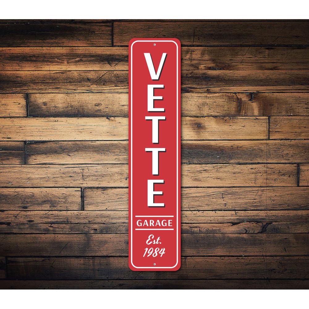 Vette Garage Chevy Corvette Sign made of quality aluminum, featuring a vibrant design perfect for car enthusiasts.