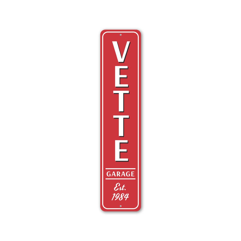 Vette Garage Chevy Corvette Sign made of quality aluminum, featuring a vibrant design perfect for car enthusiasts.