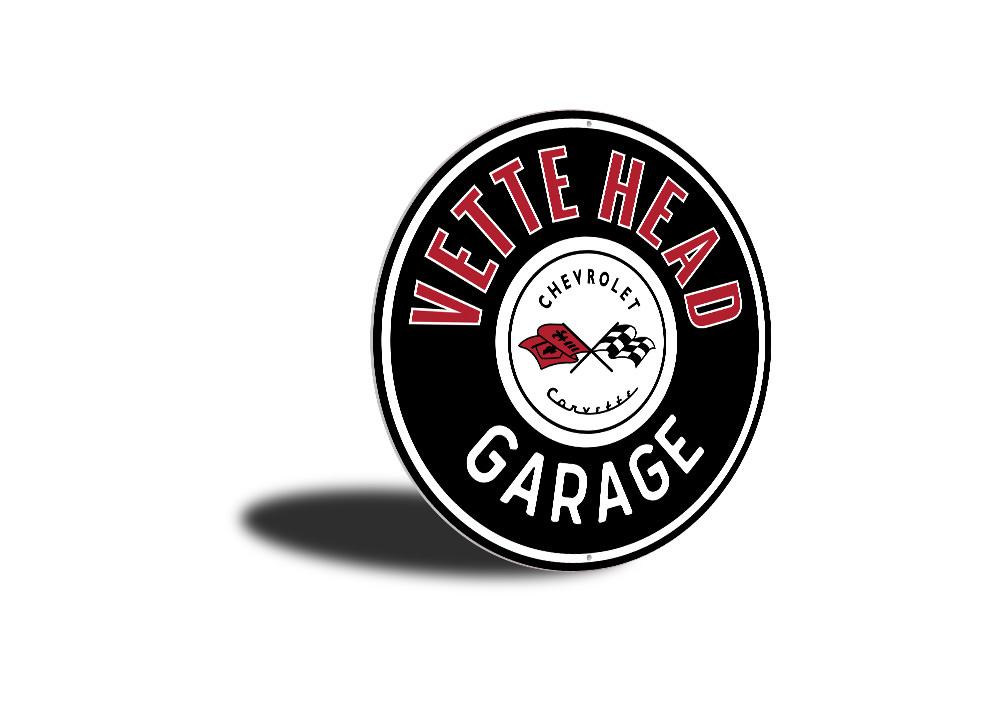 Vette Head Garage Car Sign featuring classic car brands, made from durable aluminum, perfect for garage decor.