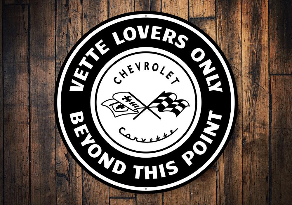 Vette Lovers Only Car Sign featuring classic car designs, made from durable aluminum, perfect for garages and man caves.