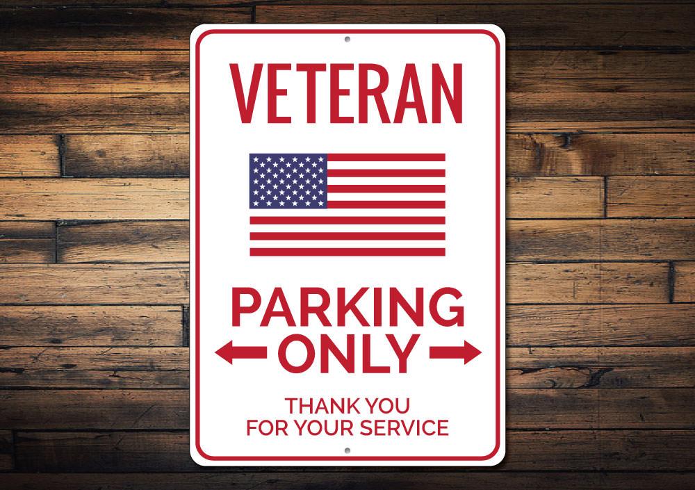 Veteran Parking Sign made of high-quality aluminum, featuring bold text and pre-drilled holes for easy mounting.