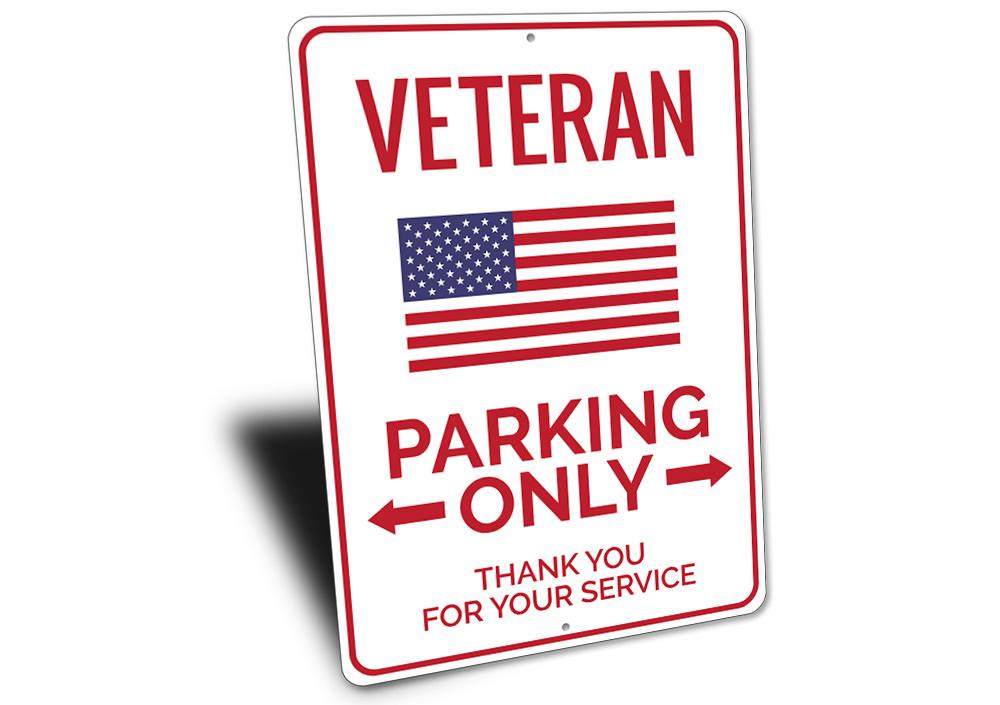 Veteran Parking Sign made of high-quality aluminum, featuring bold text and pre-drilled holes for easy mounting.