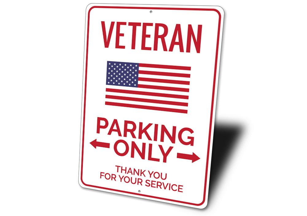 Veteran Parking Sign made of high-quality aluminum, featuring bold text and pre-drilled holes for easy mounting.