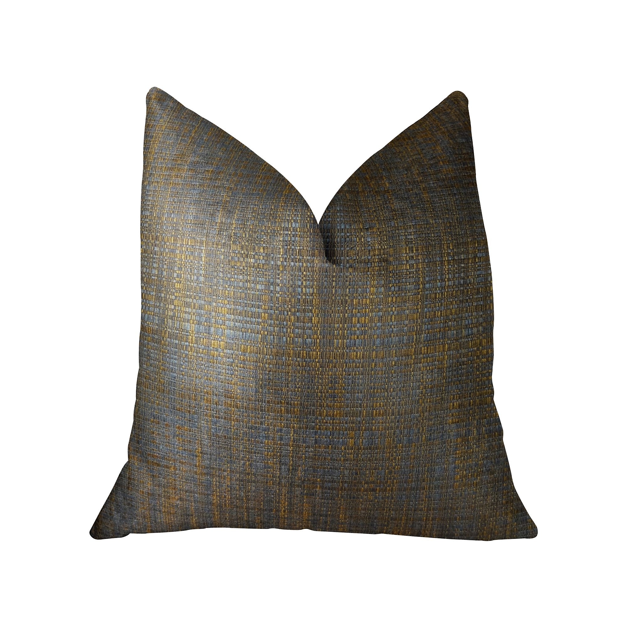 A vibrant handmade luxury pillow featuring tazanite blue and brown geometric patterns, showcasing its double-sided design and invisible zipper.