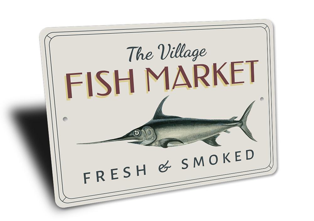 Village Fish Market Sign made of high-quality aluminum, featuring customizable text and pre-drilled holes for easy mounting.