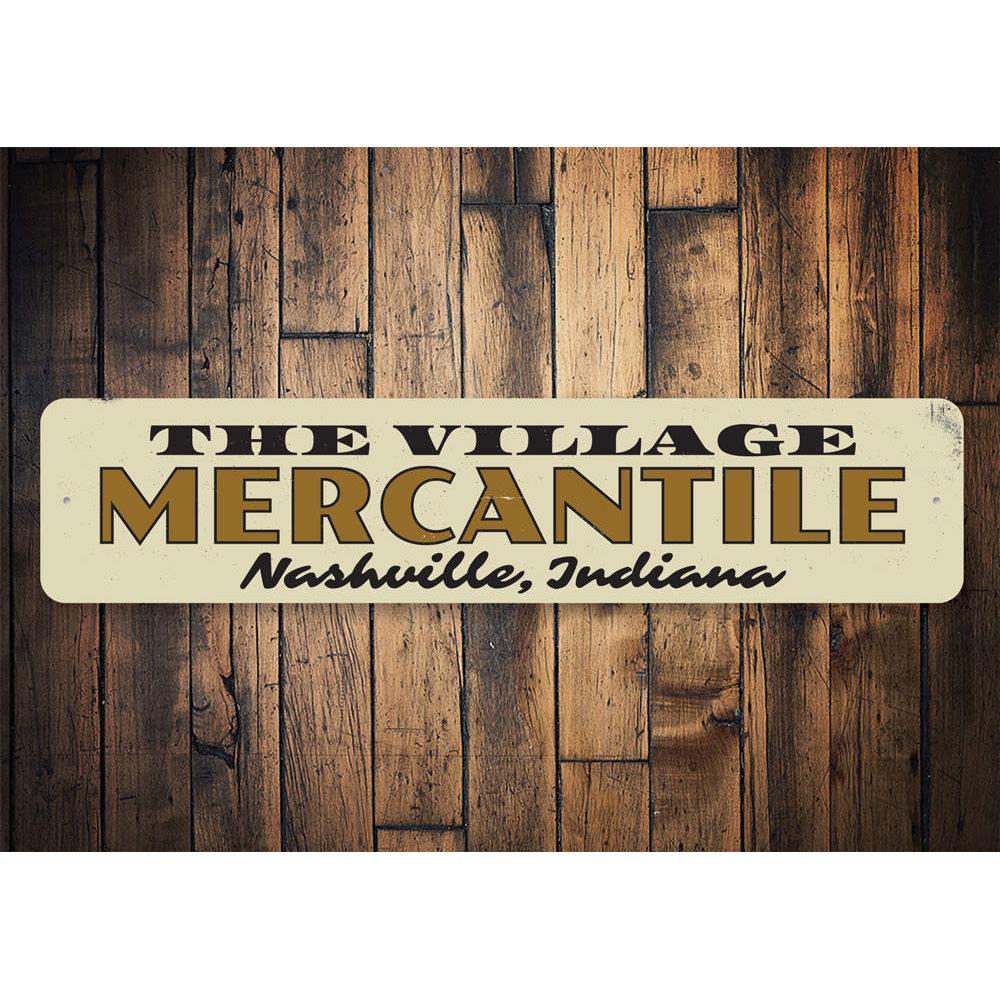 Village Mercantile Sign made of high-quality aluminum, featuring customizable text and pre-drilled holes for easy mounting.