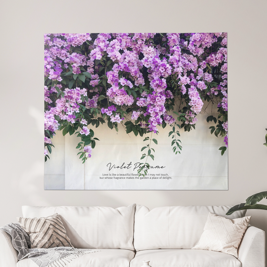 Violet fabric poster measuring 150cm x 130cm, showcasing a modern design with vibrant colors.