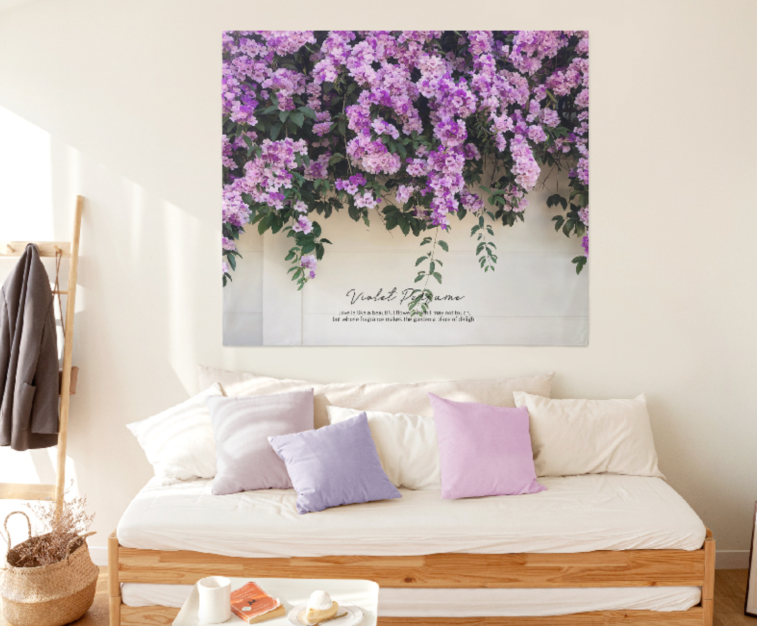 Violet fabric poster measuring 150cm x 130cm, showcasing a modern design with vibrant colors.