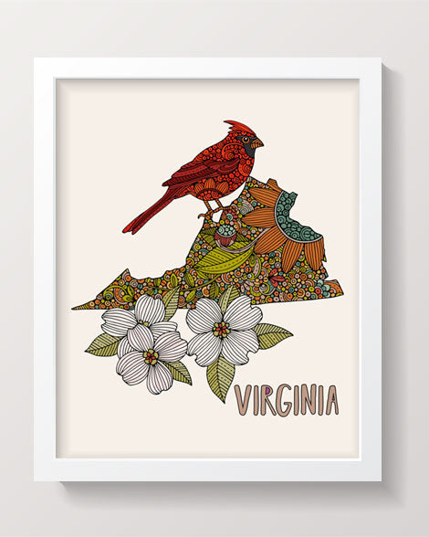 Virginia State Map art print featuring cardinal and flowering dogwood, 8x10 inches on matte card stock.