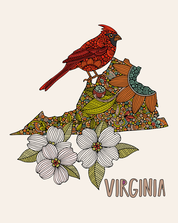 Virginia State Map art print featuring cardinal and flowering dogwood, 8x10 inches on matte card stock.