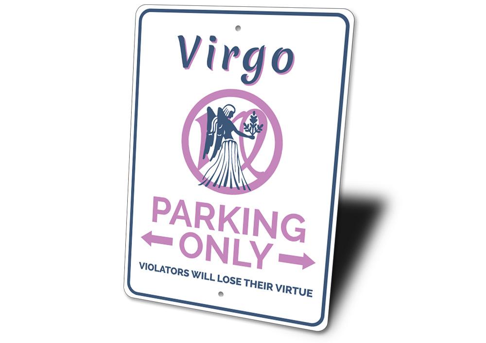 Virgo Parking Sign made of durable aluminum, featuring customizable text and pre-drilled holes for easy mounting.