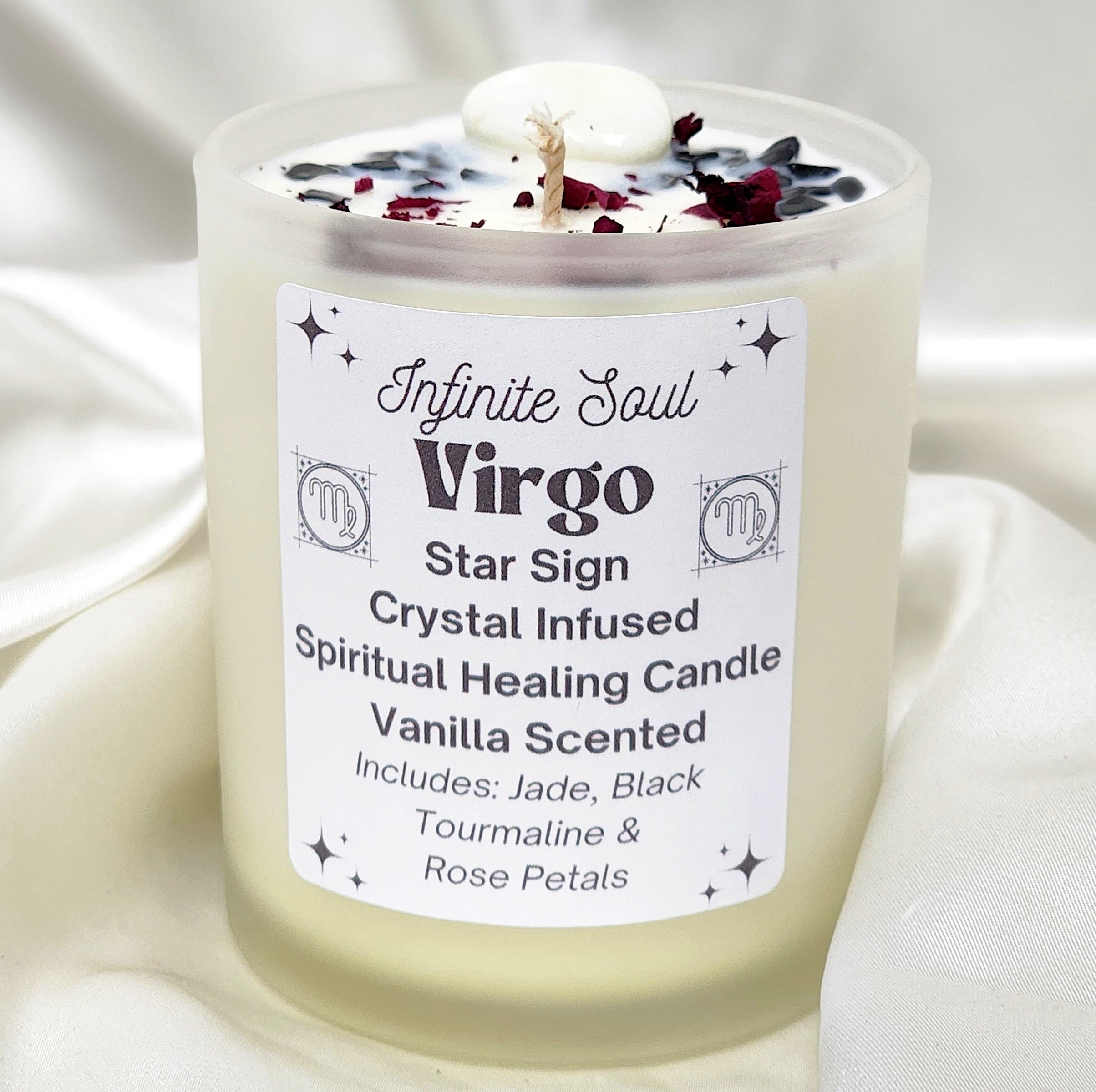 Virgo Star Sign Crystal Infused Candle with vanilla scent, featuring Black Tourmaline and Jade crystals, adorned with dried rose petals.