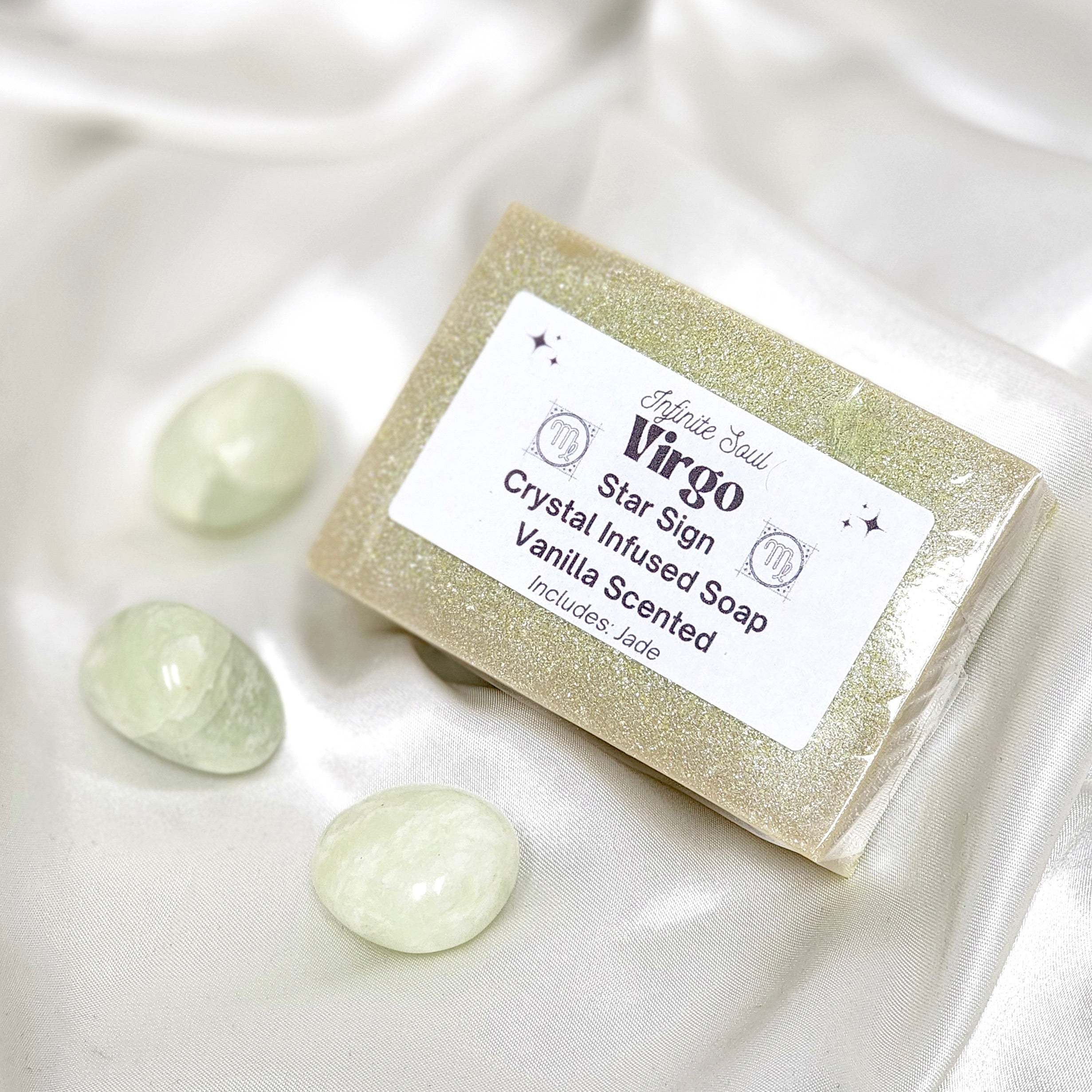 Virgo Star Sign Crystal Infused Soap with Jade Tumbled Stone and Vanilla scent, showcasing its natural ingredients and handmade quality.