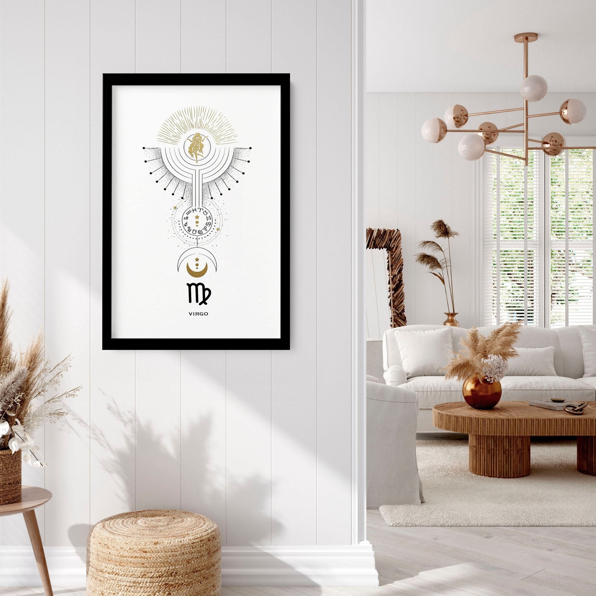 Stunning Virgo wall art print featuring the Virgo symbol in black, white, and gold colors, showcasing intricate design and premium quality.