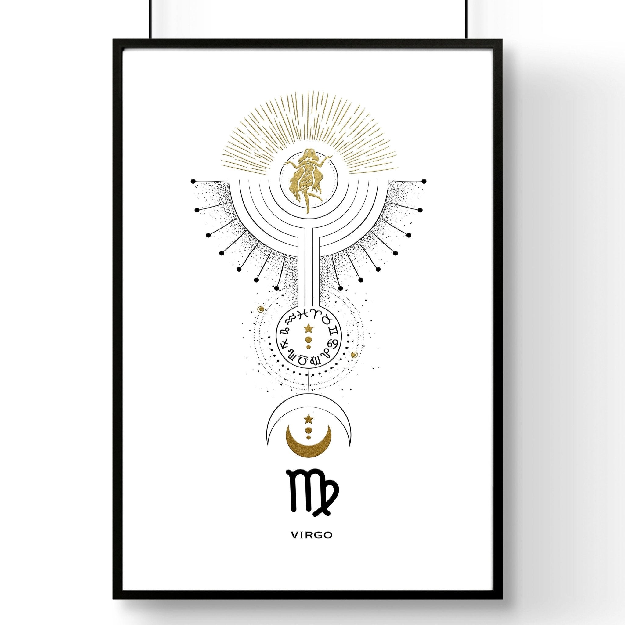 Stunning Virgo wall art print featuring the Virgo symbol in black, white, and gold colors, showcasing intricate design and premium quality.