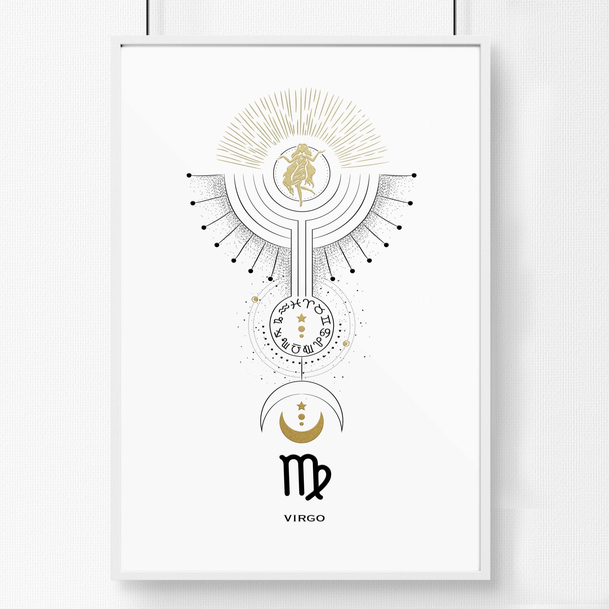 Stunning Virgo wall art print featuring the Virgo symbol in black, white, and gold colors, showcasing intricate design and premium quality.