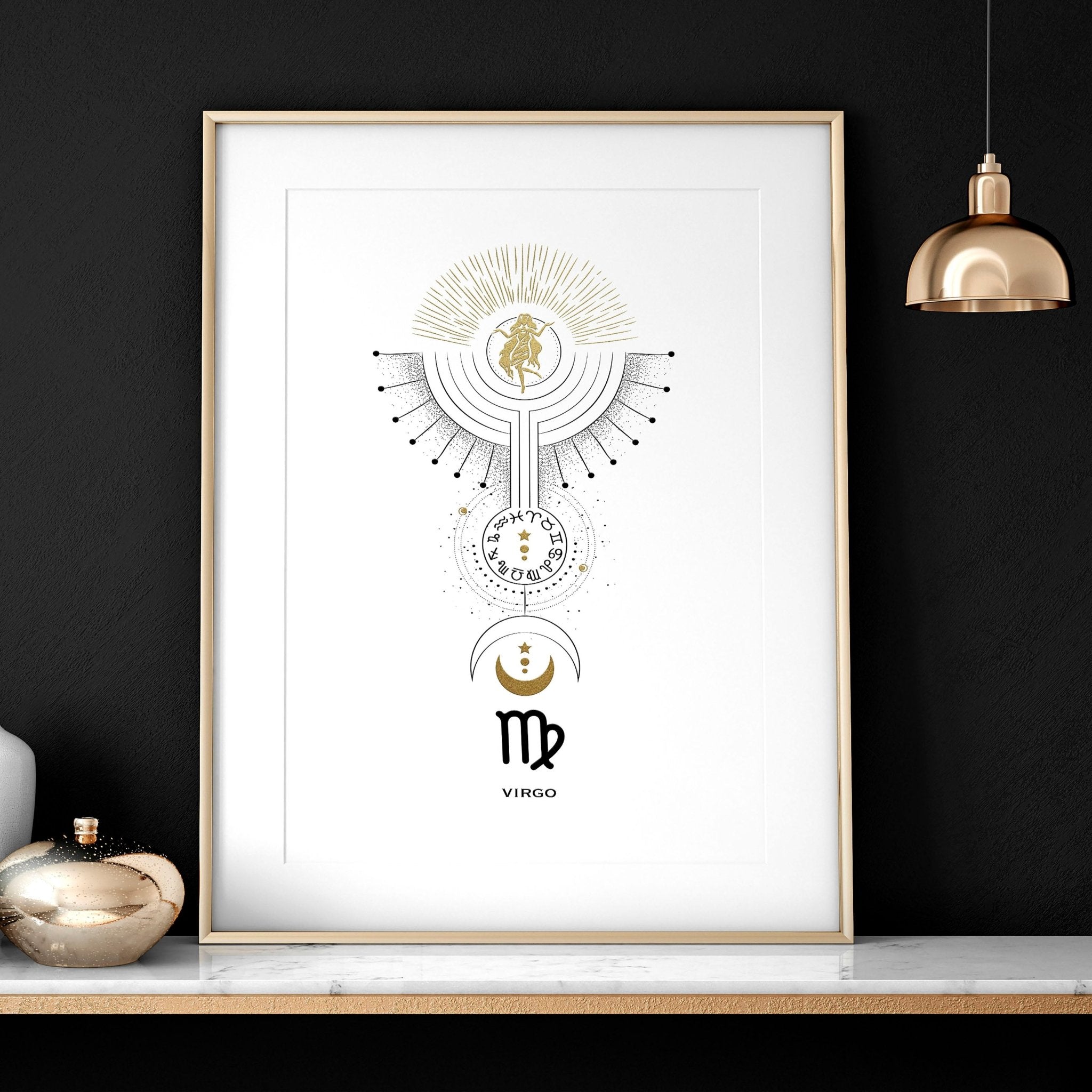 Stunning Virgo wall art print featuring the Virgo symbol in black, white, and gold colors, showcasing intricate design and premium quality.