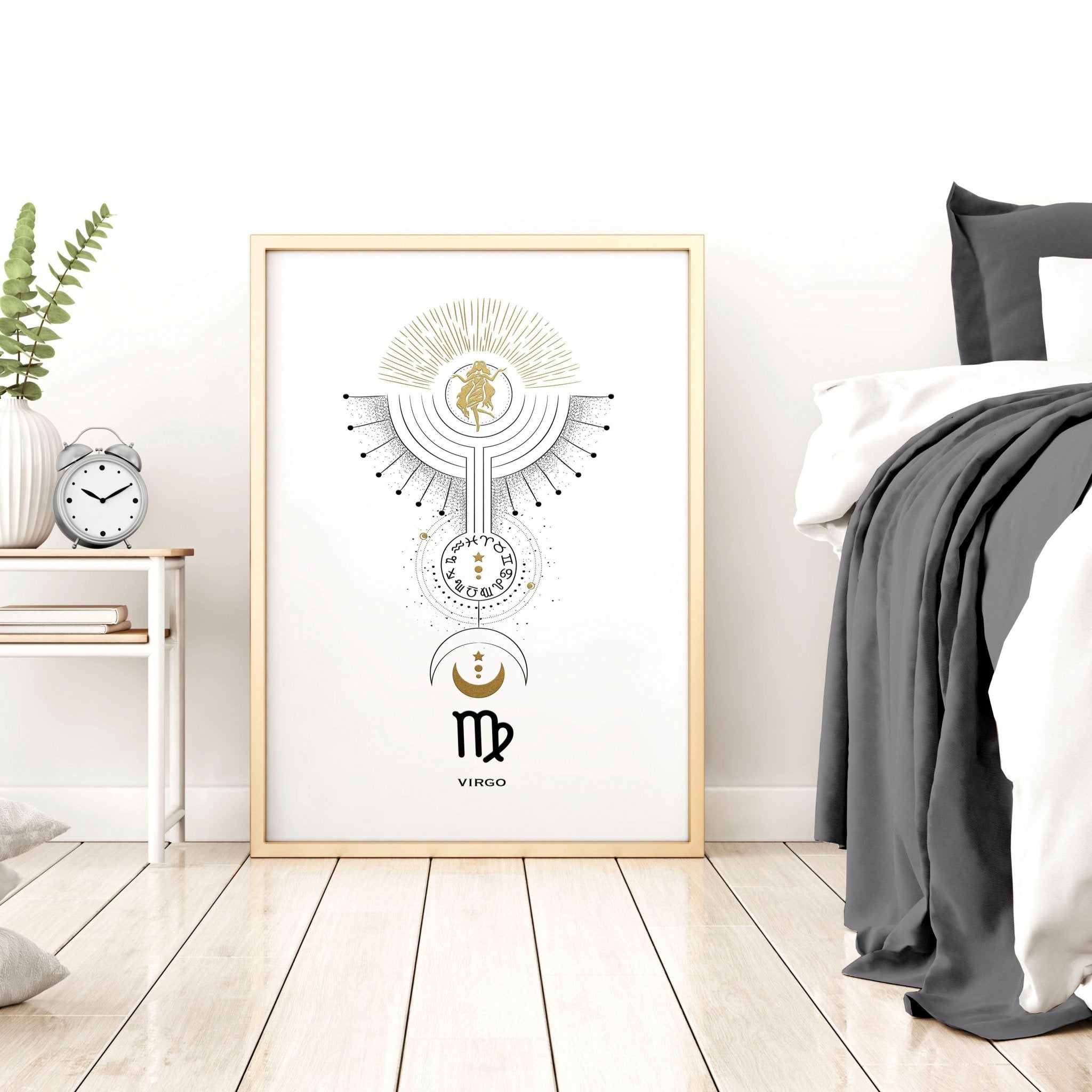 Stunning Virgo wall art print featuring the Virgo symbol in black, white, and gold colors, showcasing intricate design and premium quality.