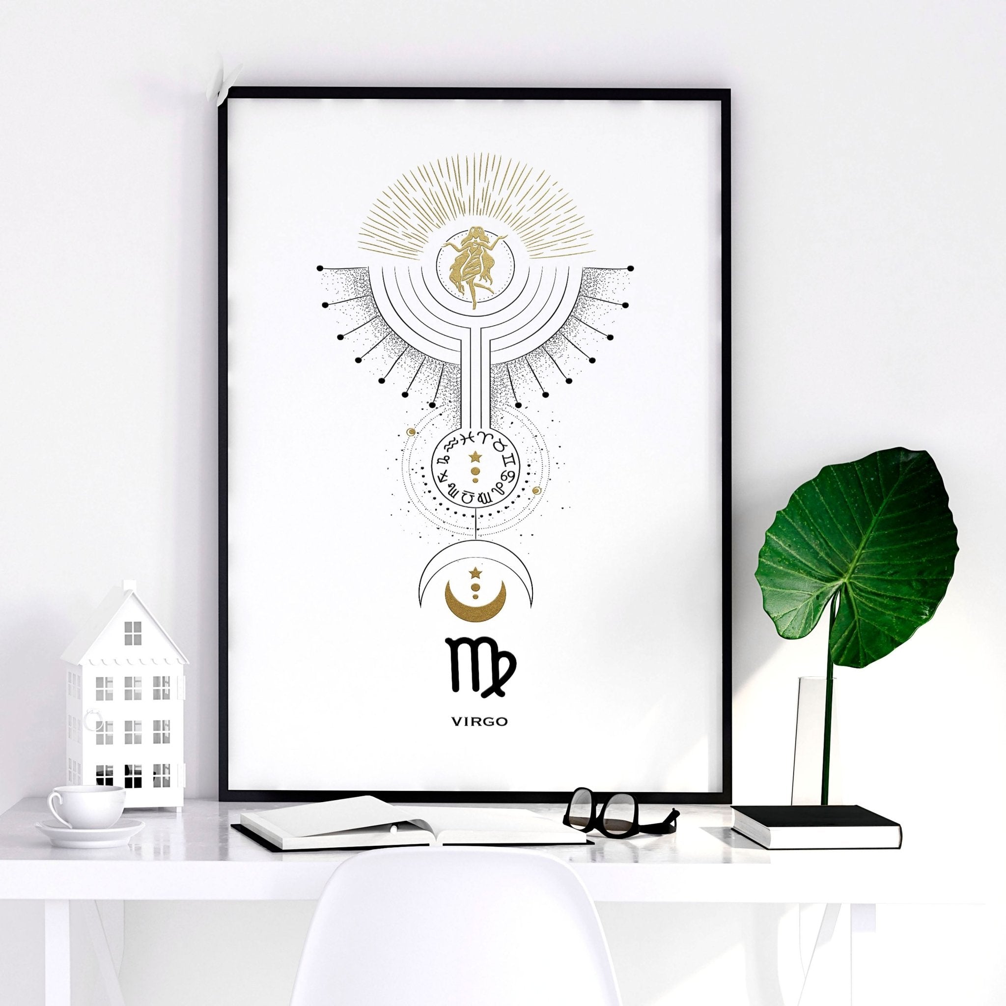 Stunning Virgo wall art print featuring the Virgo symbol in black, white, and gold colors, showcasing intricate design and premium quality.