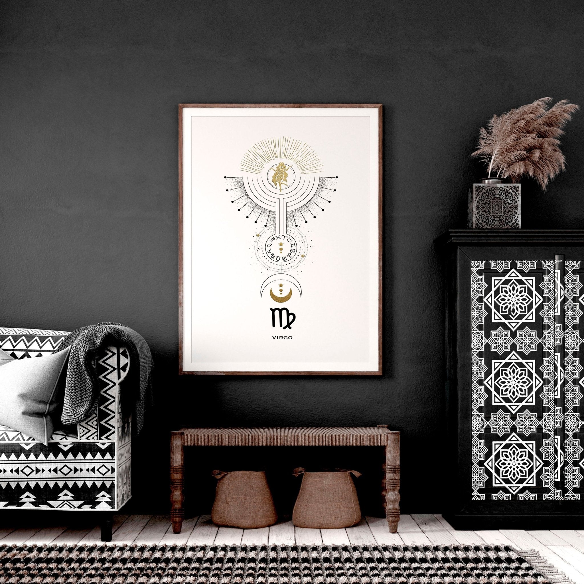 Stunning Virgo wall art print featuring the Virgo symbol in black, white, and gold colors, showcasing intricate design and premium quality.