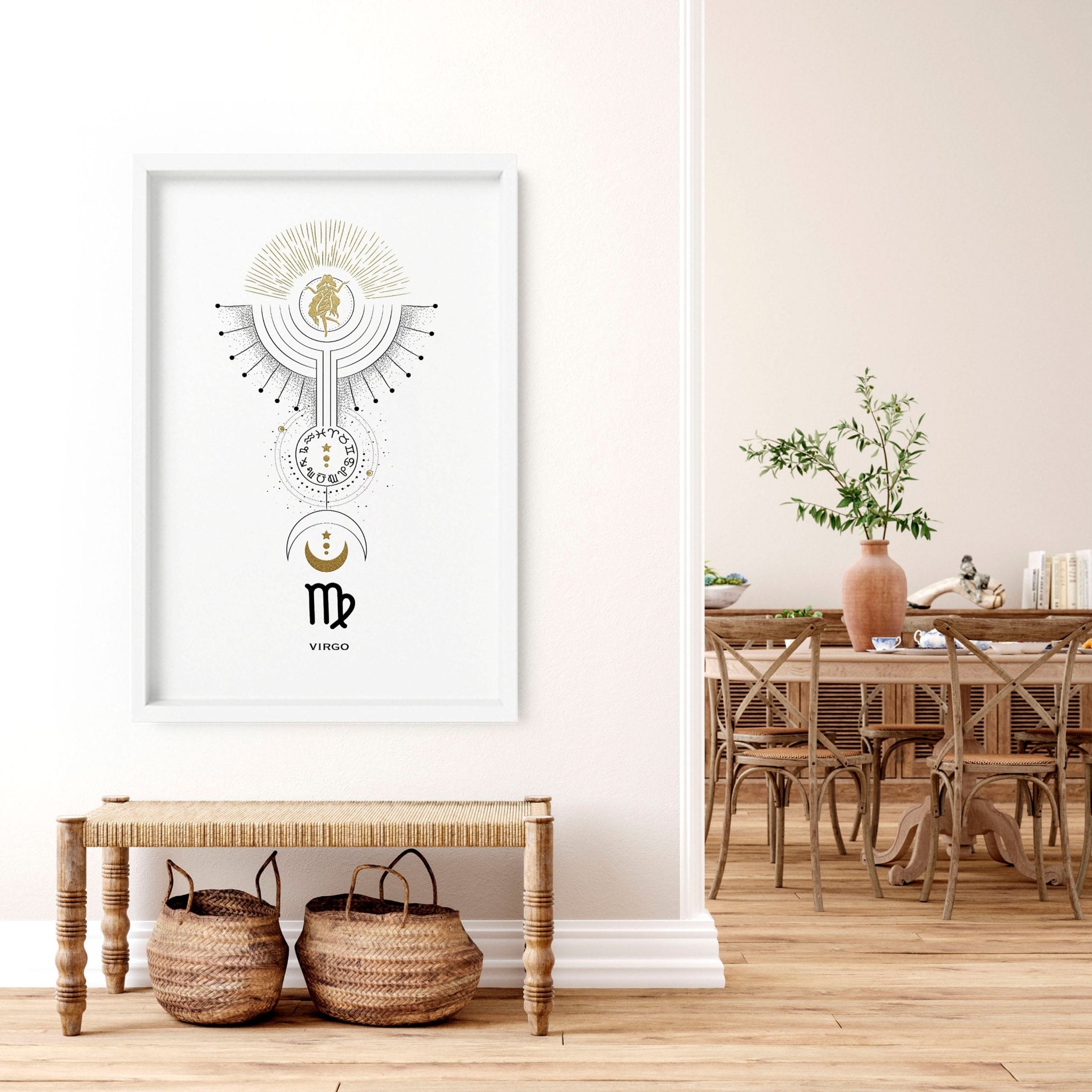 Stunning Virgo wall art print featuring the Virgo symbol in black, white, and gold colors, showcasing intricate design and premium quality.