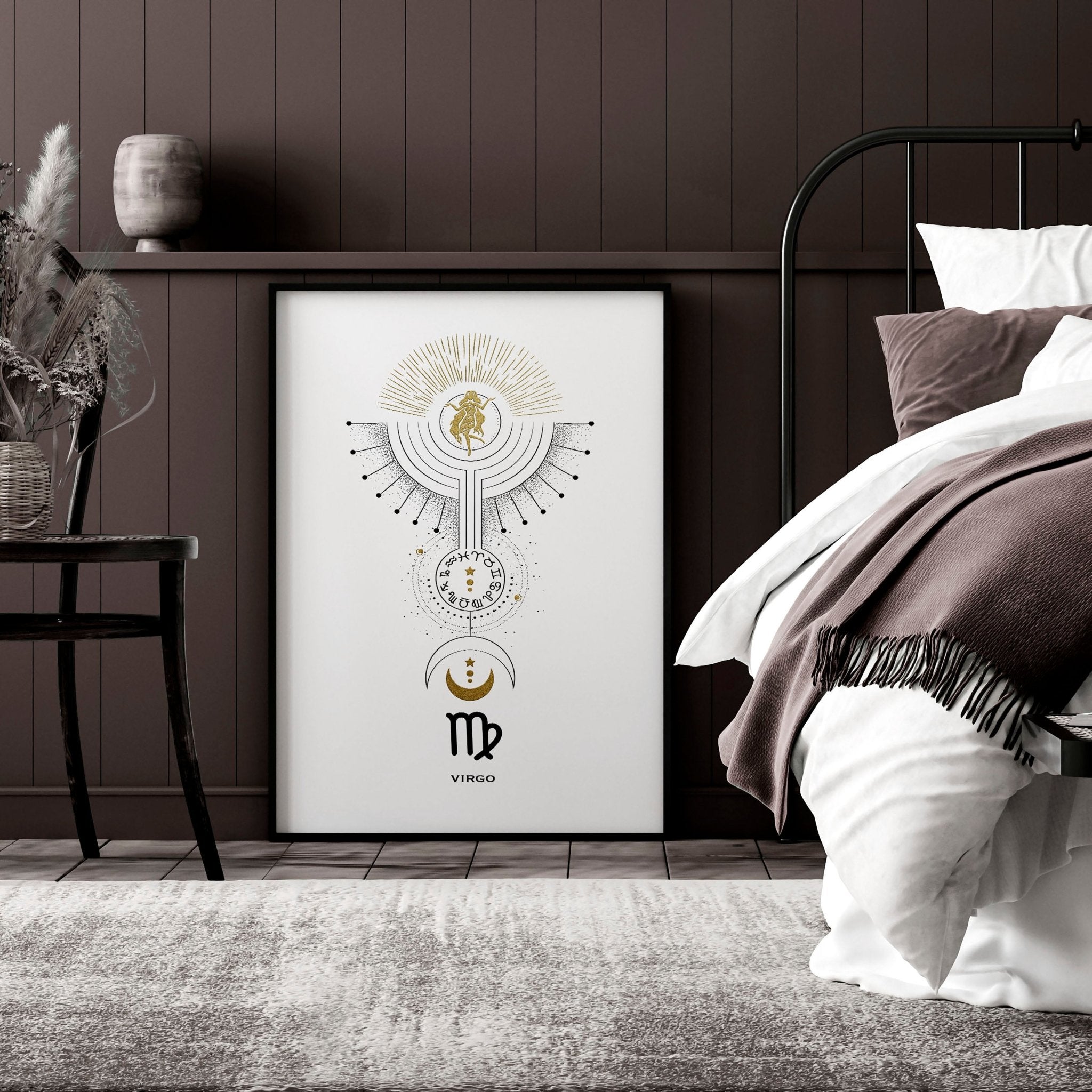 Stunning Virgo wall art print featuring the Virgo symbol in black, white, and gold colors, showcasing intricate design and premium quality.