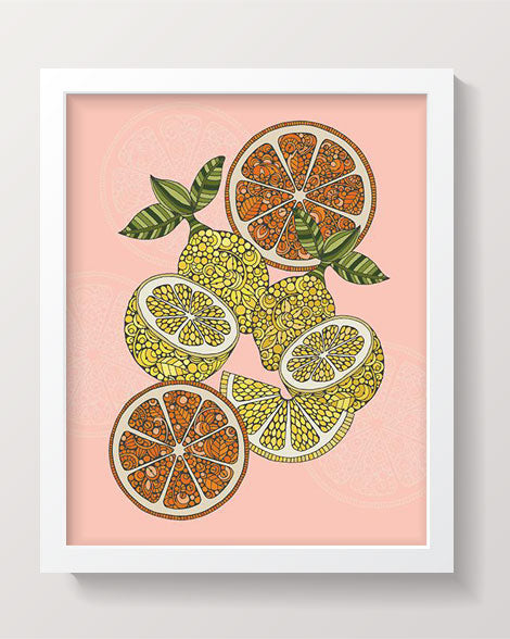 Vibrant artwork of limes and oranges on heavy matte card stock, showcasing bright colors and intricate details.