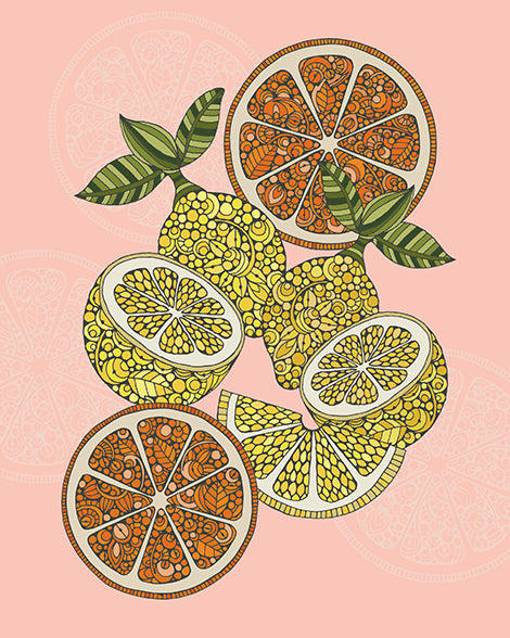 Vibrant artwork of limes and oranges on heavy matte card stock, showcasing bright colors and intricate details.