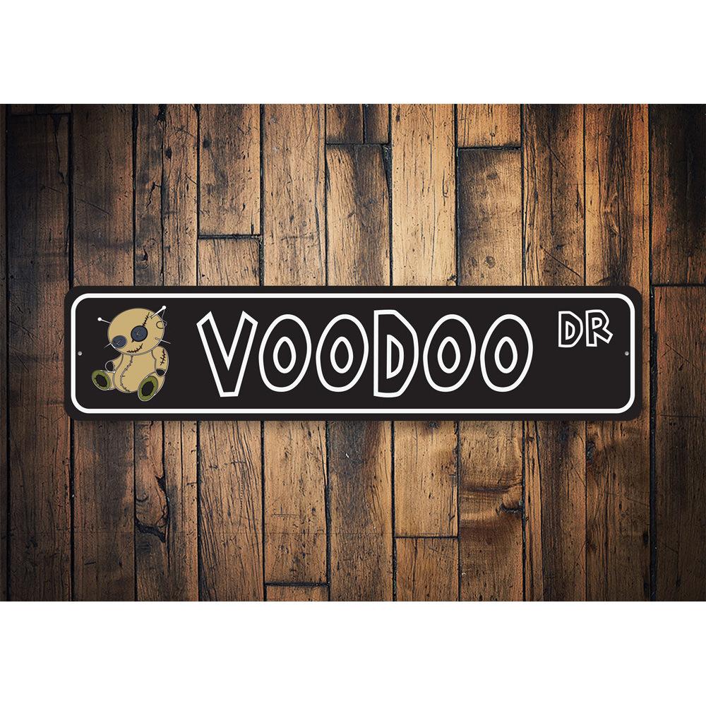 Voodoo Street Sign made of high-quality aluminum, featuring vibrant colors and a unique design, perfect for home decor.