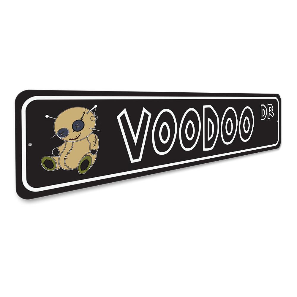 Voodoo Street Sign made of high-quality aluminum, featuring vibrant colors and a unique design, perfect for home decor.