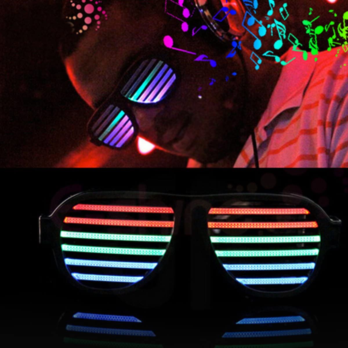 A pair of stylish Voice-activated LED Glasses in black, featuring vibrant red, blue, and green lights that change with music, perfect for parties.