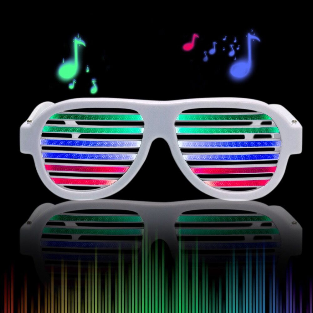 A pair of stylish Voice-activated LED Glasses in black, featuring vibrant red, blue, and green lights that change with music, perfect for parties.